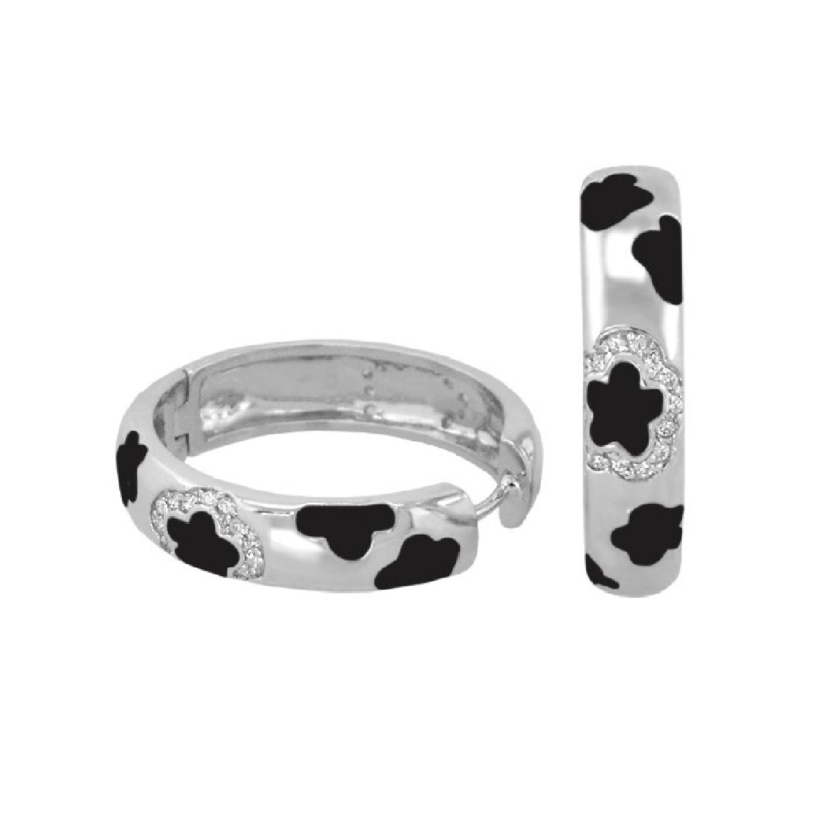 Dancing Daisy hoop earrings pair by Lauren G Adams, huggies with black cowprint and crystals on Tampa Home & Garden Store