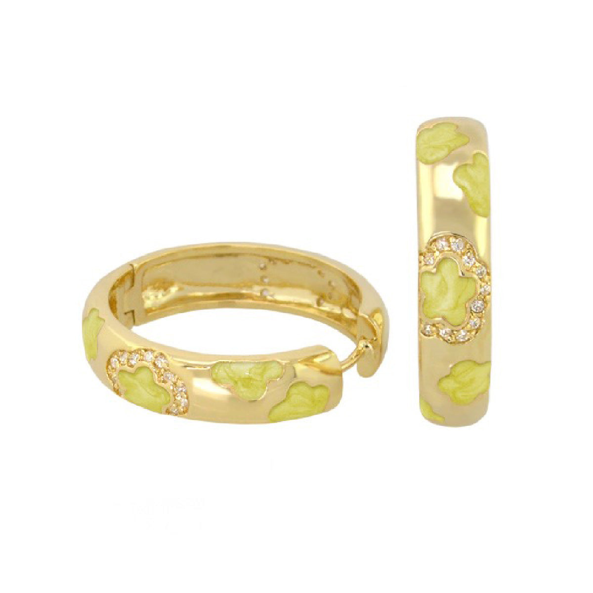Dancing Daisy Hand-Poured Huggie earrings, gold-tone enamel hoops with lime green clover accents on Tampa Home & Garden Store