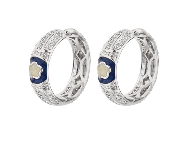 Dancing Daisy Enamel Hoop Earrings pair pavé huggie with blue enamel daisy on Tampa Home & Garden Store