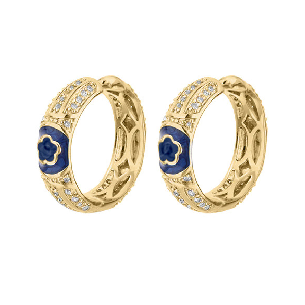Dancing Daisy Enamel Hoop Earrings pair, gold-tone hoops with blue enamel pavé crystals on Tampa Home & Garden Store