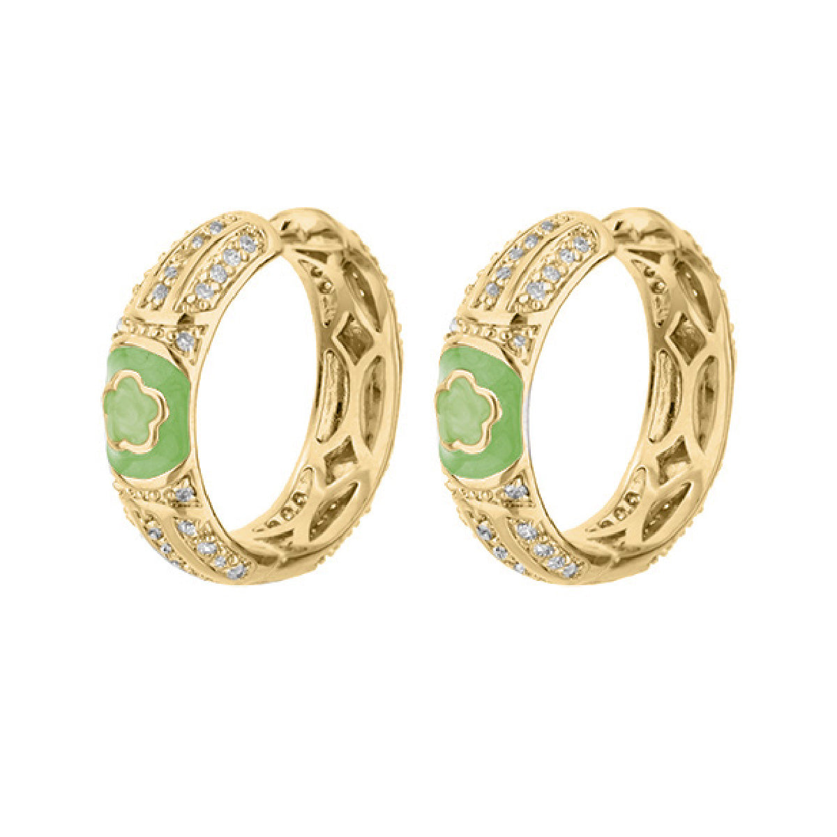 Dancing Daisy Enamel Hoop Earrings, pavé hoops with green enamel pair on Tampa Home & Garden Store