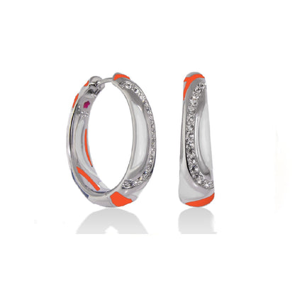 Art Deco Enamel Hoop Earrings by Lauren G Adams, silver-tone hoops with orange enamel and crystals on Tampa Home & Garden Store