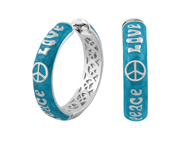Peace And Love turquoise enamel earrings set by Lauren G Adams; hoop and rectangular earring with peace symbol on Tampa Home & Garden Store