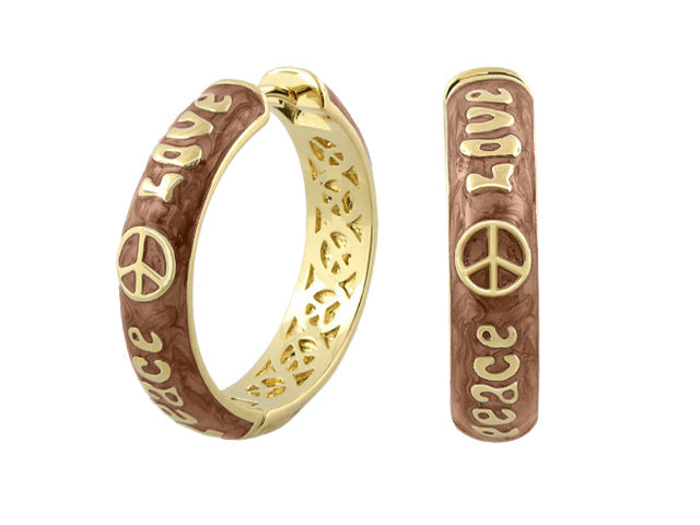 Pair of Lauren G Adams Peace And Love earrings, brown textured hoops with peace symbol and LOVE on Tampa Home & Garden Store
