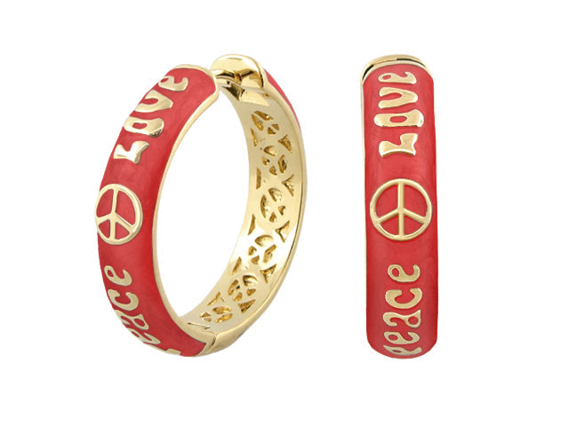 Peace And Love earrings pair by Lauren G Adams, red enamel with gold-tone LOVE text and peace symbols on Tampa Home & Garden Store