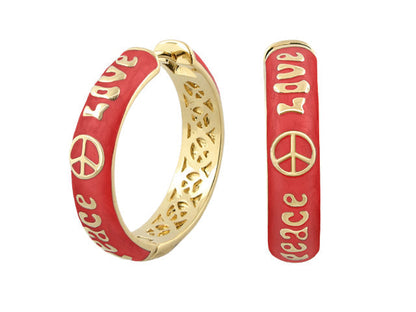Peace And Love earrings pair by Lauren G Adams, red enamel with gold-tone LOVE text and peace symbols on Tampa Home & Garden Store