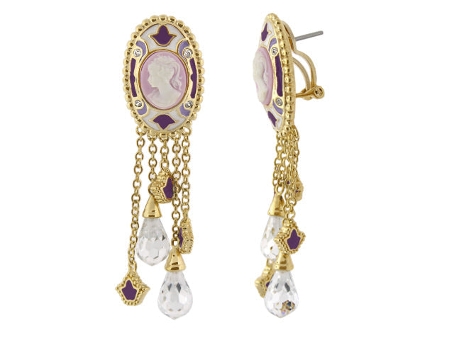Cameo Rome earrings by Lauren G Adams, gold and purple enamel cameo with crystal teardrops on Tampa Home & Garden Store