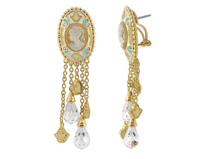 Cameo Rome earrings by Lauren G Adams, gold-tone with oval cameo, pastel enamel and crystal teardrops on Tampa Home & Garden Store