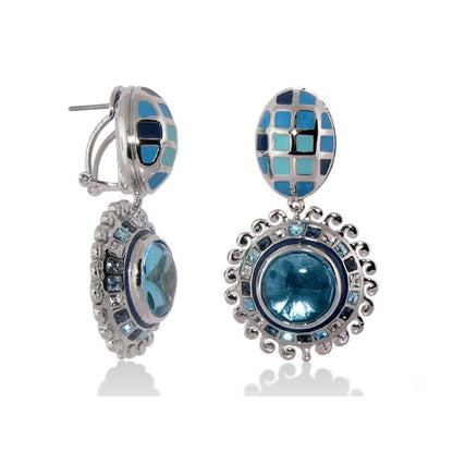 Sundial Earring by Lauren G Adams, enamel chandelier with blue mosaic top and teal cabochon on Tampa Home & Garden Store
