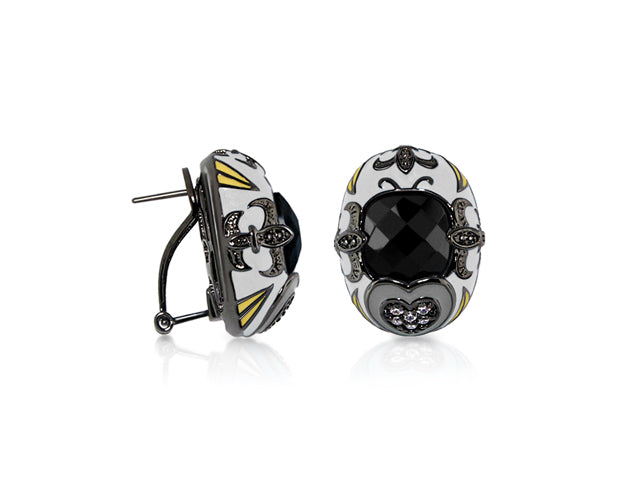 Knights of Love clip-on earrings by Lauren G Adams, silver-tone button with black center stone on Tampa Home & Garden Store