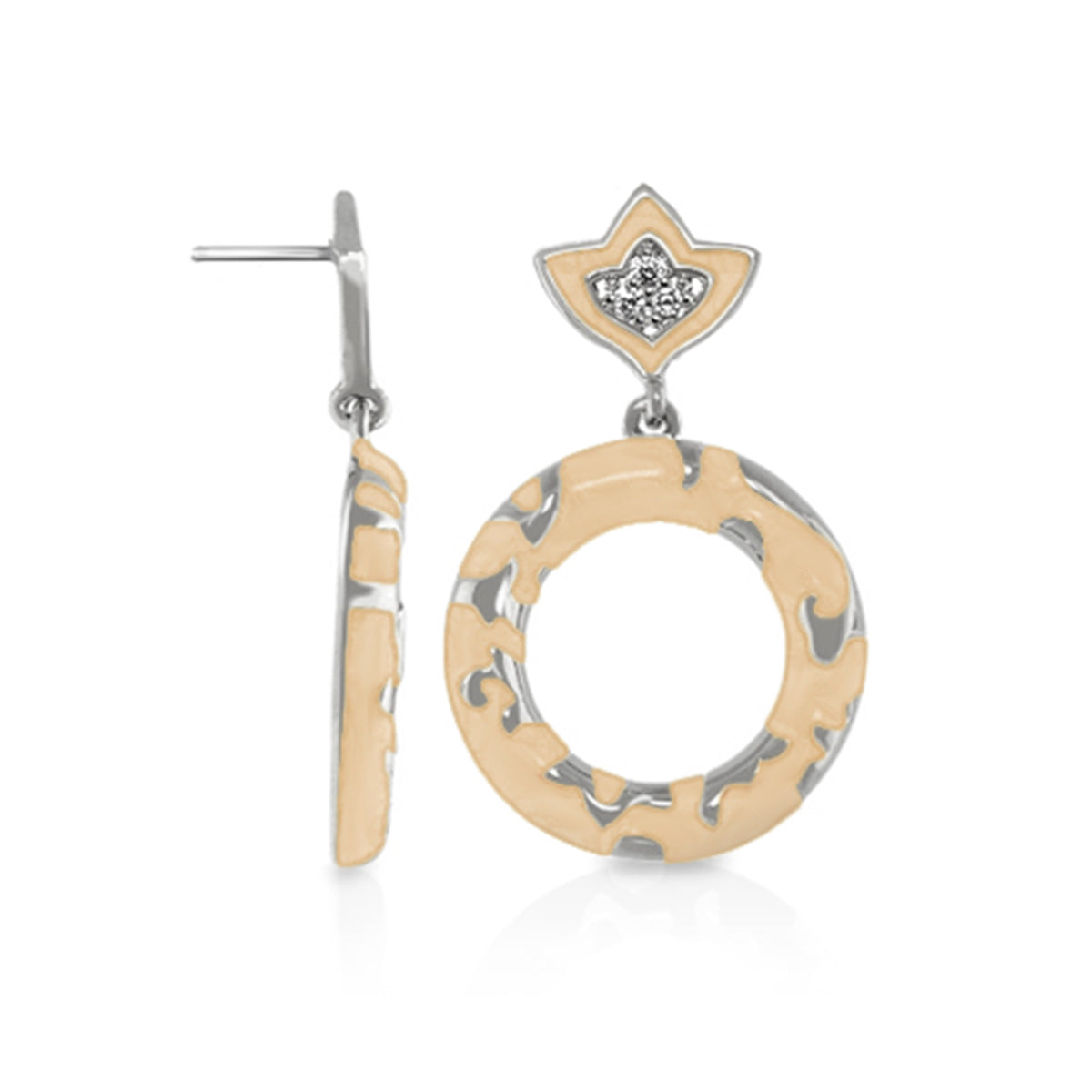 Fleur de Love drop earrings by Lauren G Adams, peach enamel two-tone hoop with diamond stud on Tampa Home & Garden Store