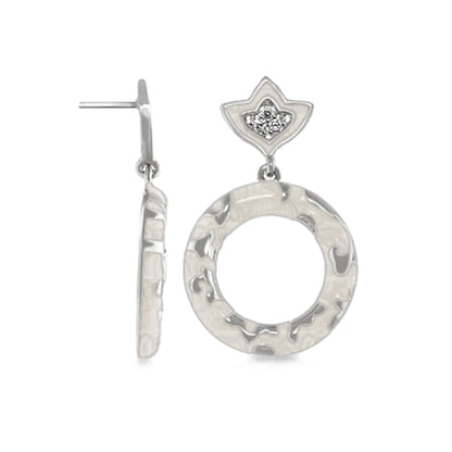 Fleur de Love drop earring, silver-tone textured hoop with diamond-studded fleur-de-lis accent on Tampa Home & Garden Store