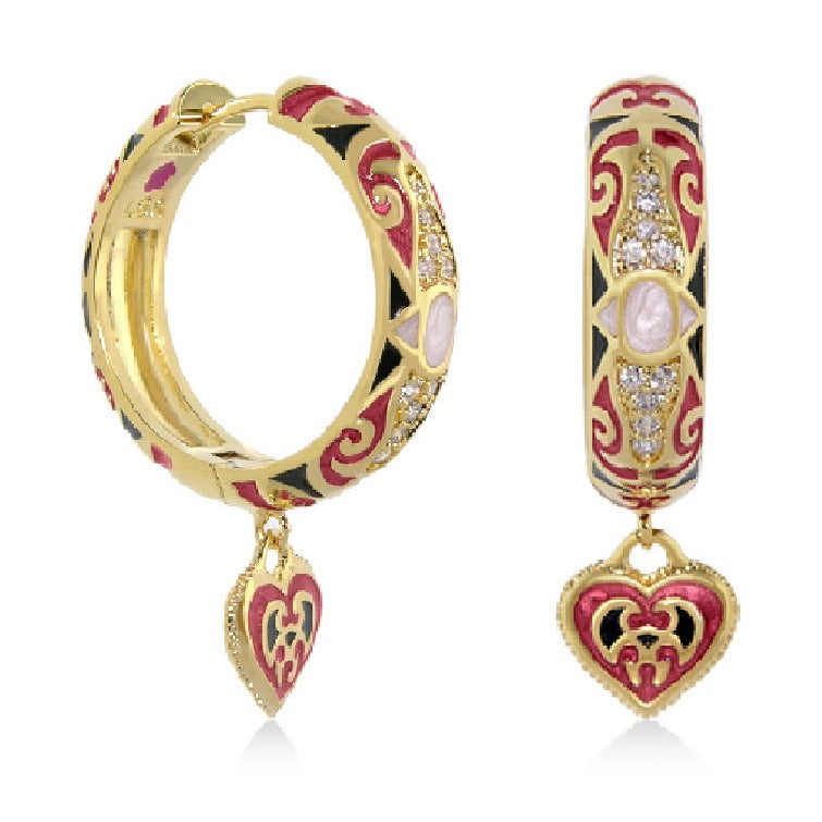 Bow and Heart Hoop Earrings Black Enamel