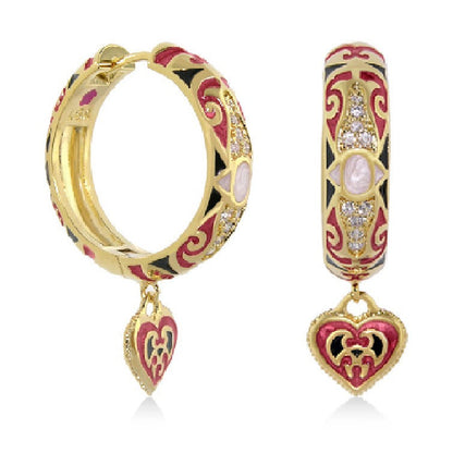 Bow and Heart Hoop Earrings Black Enamel