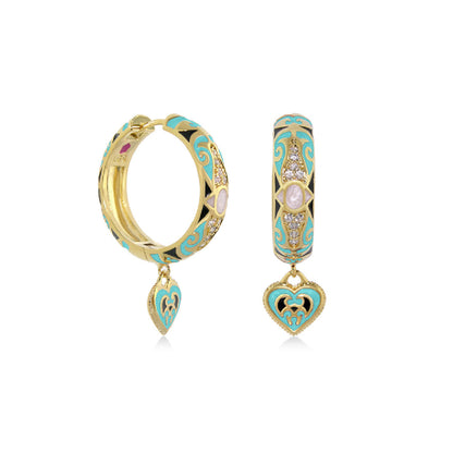 Bows and Hearts enamel hoop earrings by Lauren G Adams with turquoise enamel crystals on Tampa Home & Garden Store
