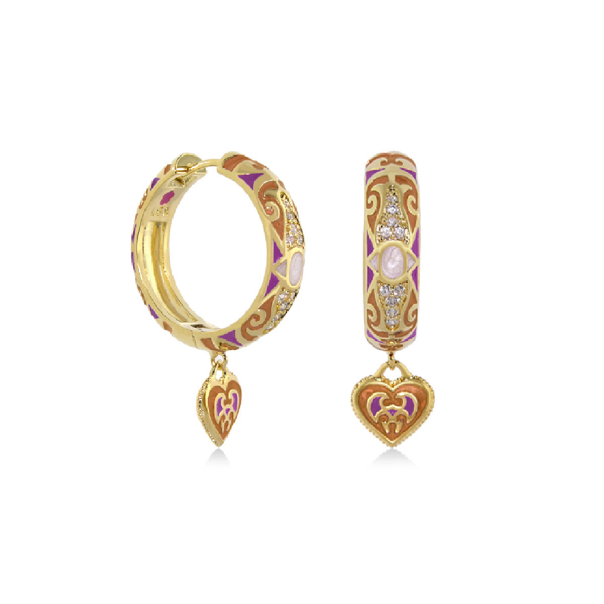 Enamel hoop earrings by Lauren G Adams goldtone with purple enamel and crystal heart charms on Tampa Home & Garden Store