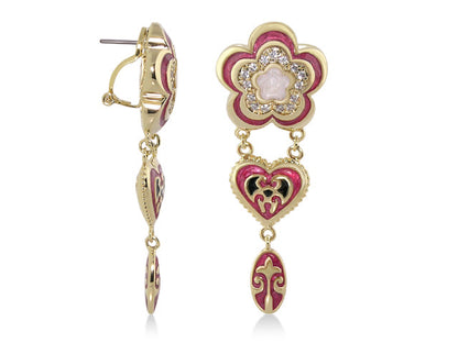 Bows And Hearts earrings: floral pink enamel petals with crystals, dangling heart charms on Tampa Home & Garden Store