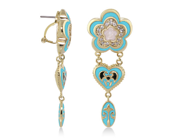 Bows And Hearts Earrings Lauren G Adams turquoise flower crystal center and gold-tone heart on Tampa Home & Garden Store