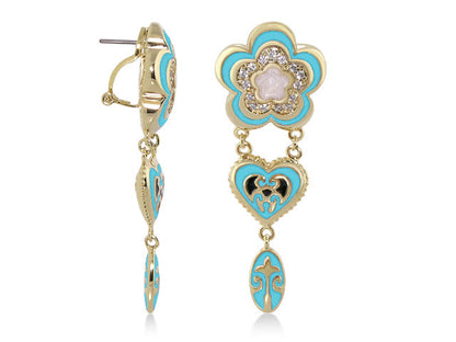 Bows And Hearts Earrings Lauren G Adams turquoise flower crystal center and gold-tone heart on Tampa Home & Garden Store