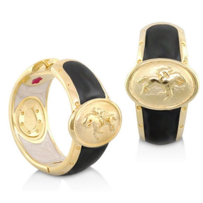 Equestrian Hoop Earrings gold-tone pair with black enamel band and horse relief medallions on Tampa Home & Garden Store