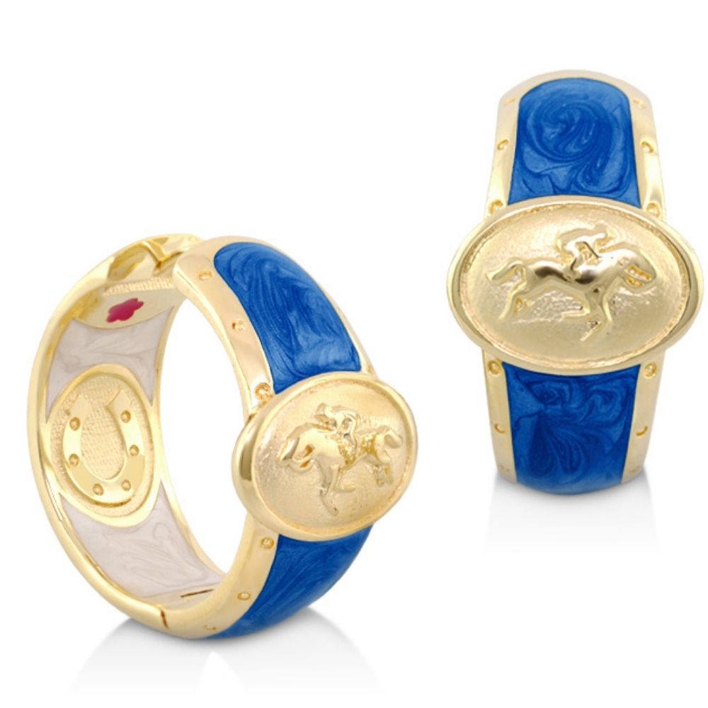 Equestrian Hoop Earrings gold-tone with blue enamel horse medallion Lauren G Adams on Tampa Home & Garden Store