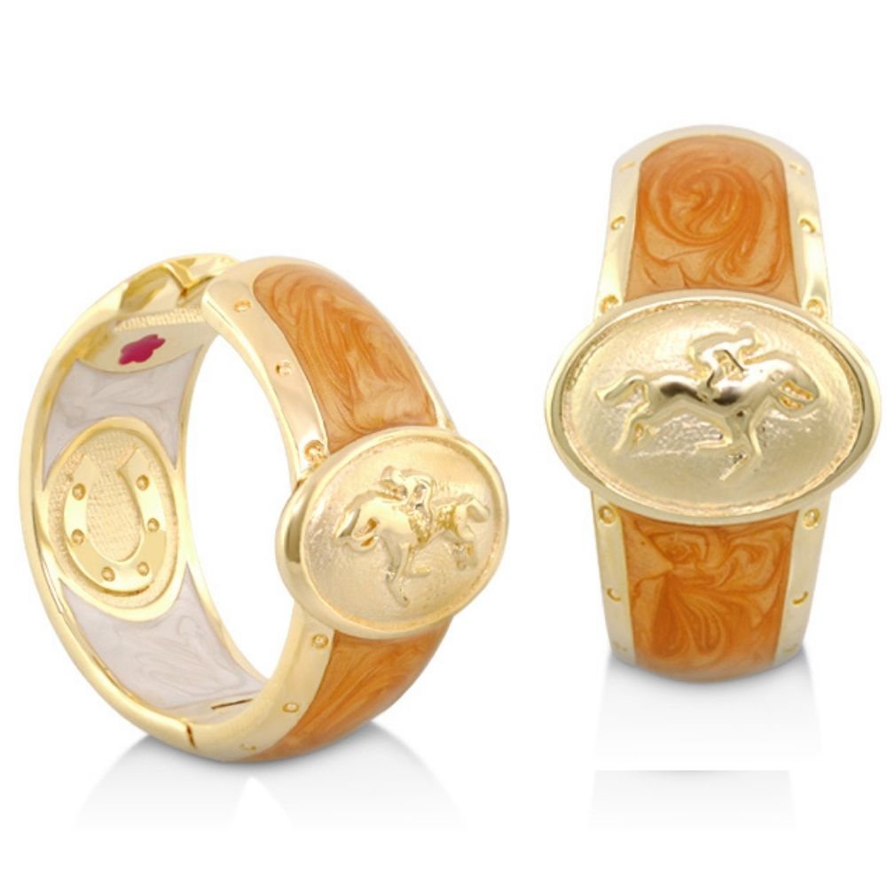 Equestrian hoop earrings pair Lauren G Adams, gold with orange enamel and horse crest on Tampa Home & Garden Store