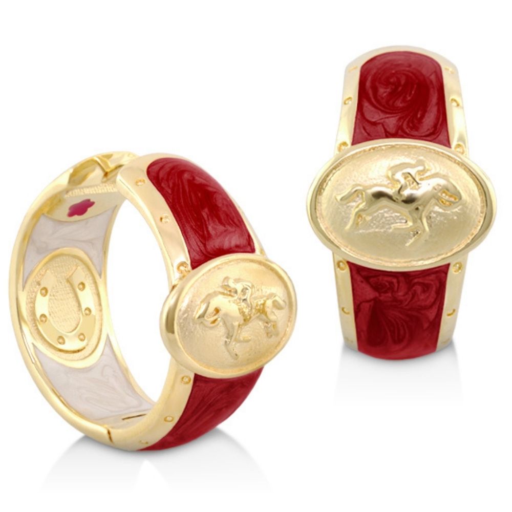 Equestrian Hoop Earrings by Lauren G Adams, gold-tone hoops with red enamel and horse motif on Tampa Home & Garden Store