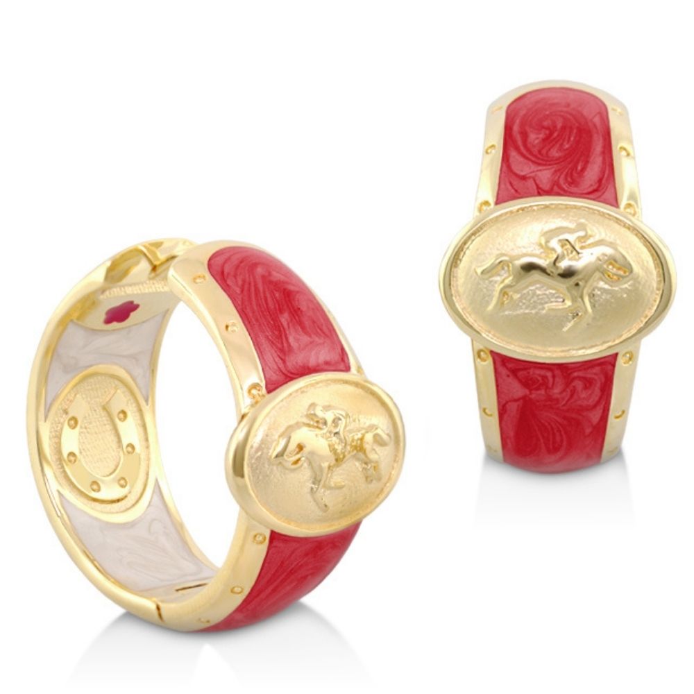 Equestrian Hoop Earrings by Lauren G Adams, red enamel band with gold horse medallion, pair on Tampa Home & Garden Store