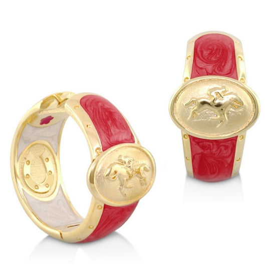 Equestrian Hoop Earrings by Lauren G Adams, red enamel band with gold horse medallion, pair on Tampa Home & Garden Store