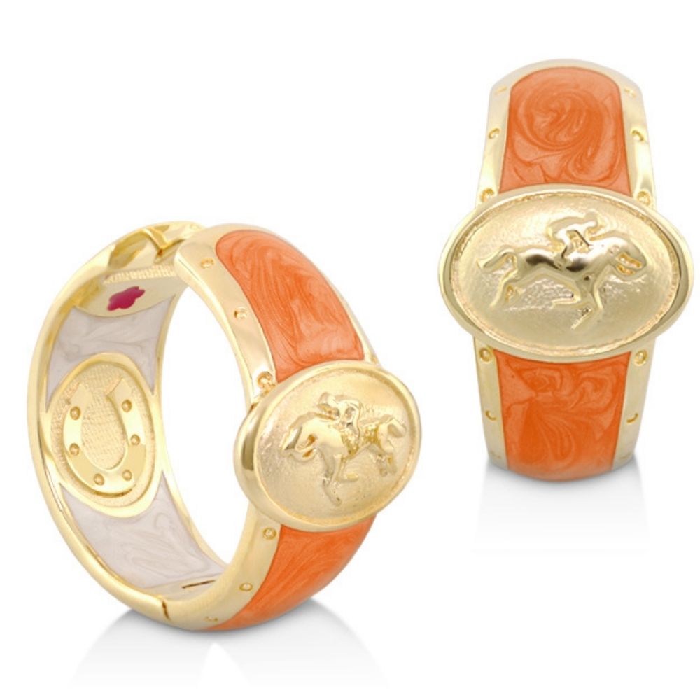 Equestrian Hoop Earrings by Lauren G Adams, gold hoops with orange enamel and horse medallion on Tampa Home & Garden Store