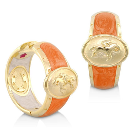 Equestrian Hoop Earrings by Lauren G Adams, gold hoops with orange enamel and horse medallion on Tampa Home & Garden Store
