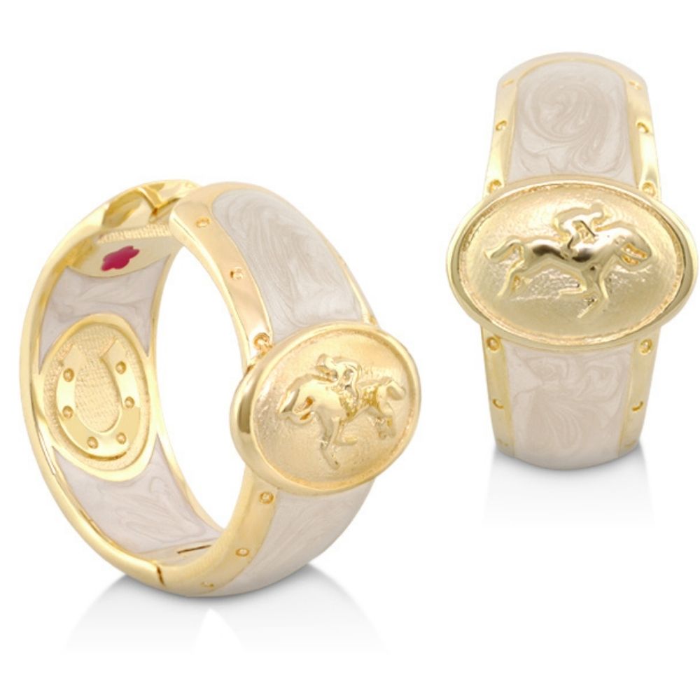 Gold-tone equestrian hoop earrings pair with white marbled enamel panels and horse motif on Tampa Home & Garden Store