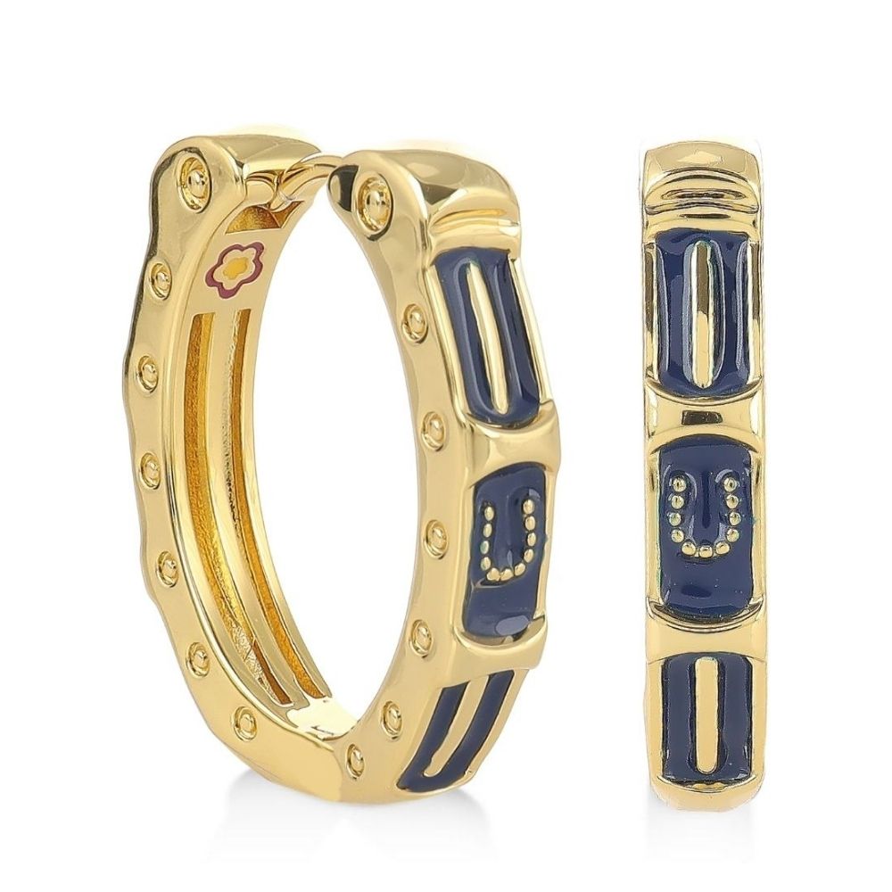 Pair of Equestrian enamel hoop earrings by Lauren G Adams, gold-tone with blue enamel panels on Tampa Home & Garden Store