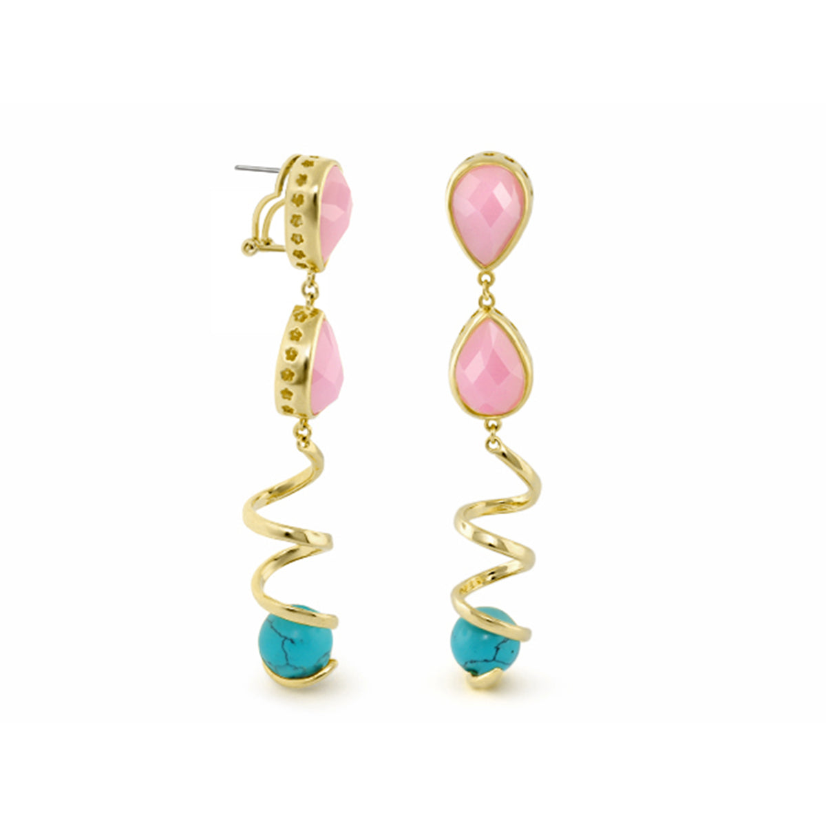 Orbital pink & turquoise spiral drop earrings by Lauren G Adams; gold-tone with pink teardrops on Tampa Home & Garden Store