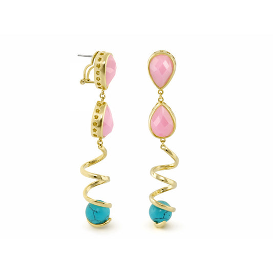 Orbital pink & turquoise spiral drop earrings by Lauren G Adams; gold-tone with pink teardrops on Tampa Home & Garden Store