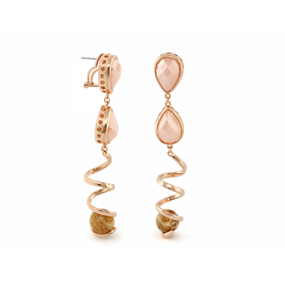 Orbital Champagne Spiral Drop Earrings by Lauren G Adams, rose gold-tone with pink teardrops on Tampa Home & Garden Store