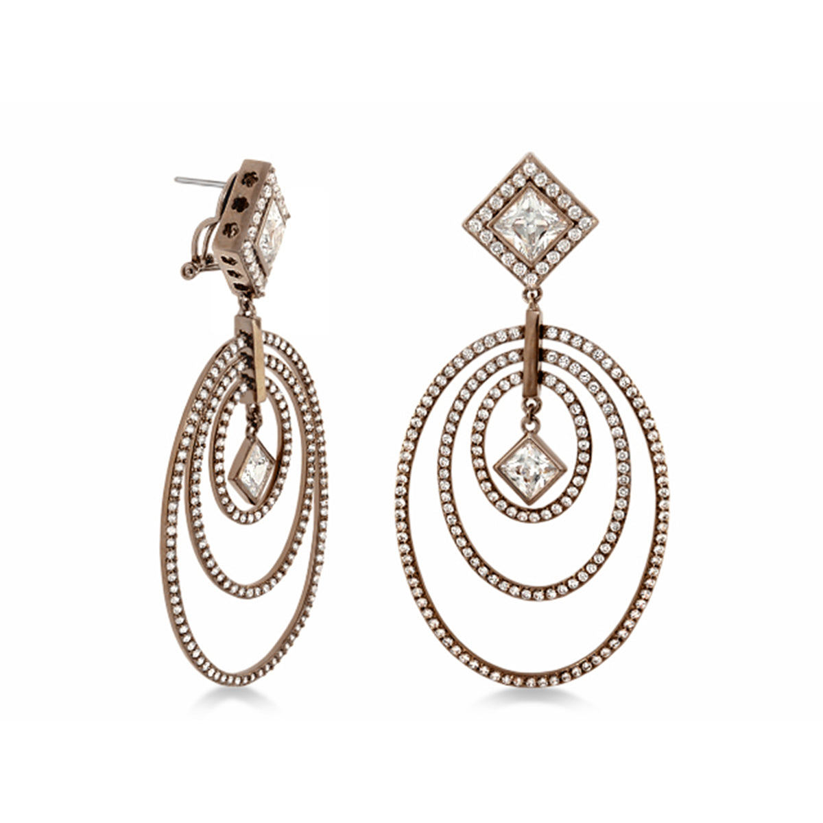 Orbital earrings by Lauren G Adams in rose gold with square crystal topper and crystal hoops on Tampa Home & Garden Store