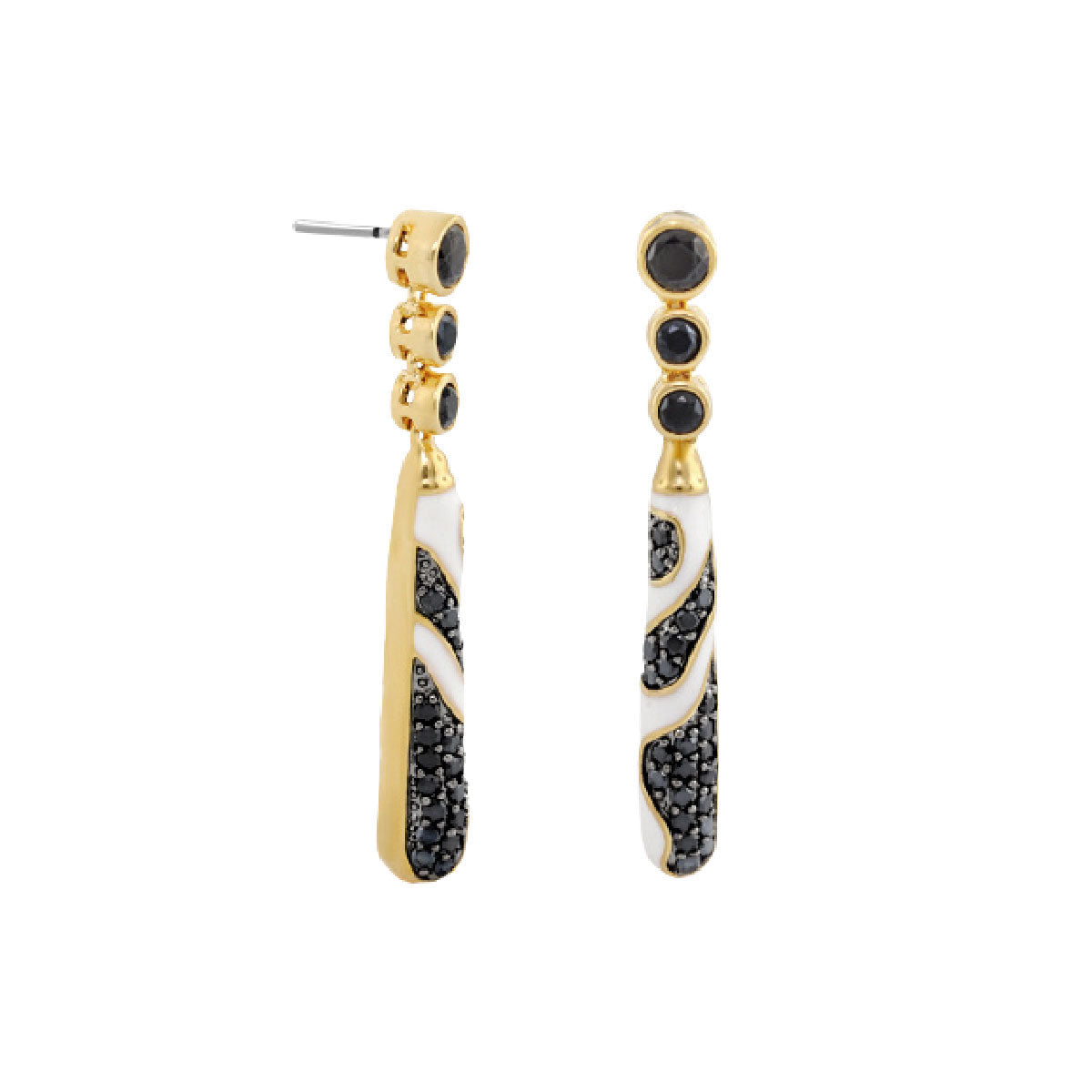Fire And Ice Earrings: gold-tone charm drop earrings with black pavé and white enamel swirls; pair on Tampa Home & Garden Store