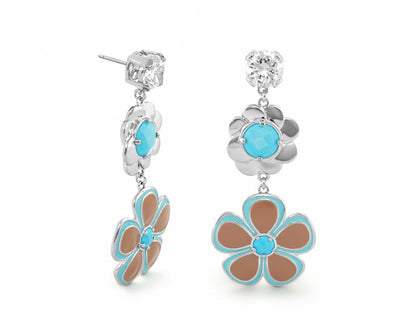 Falling Flowers Earring pair, long silver floral drops with turquoise centers and brown petals on Tampa Home & Garden Store