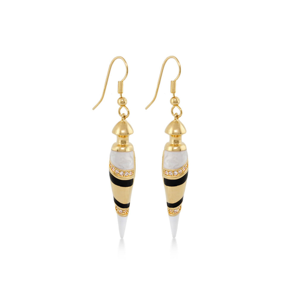 Lauren G Adams tribal dangle earrings gold-tone white enamel, black stripes, crystals, pair on Tampa Home & Garden Store
