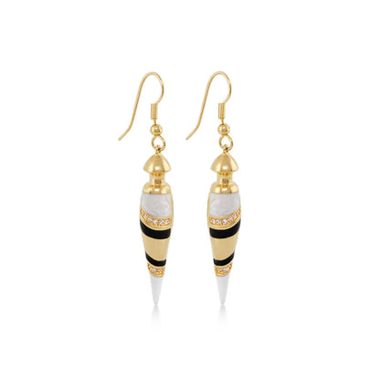 Lauren G Adams tribal dangle earrings gold-tone white enamel, black stripes, crystals, pair on Tampa Home & Garden Store