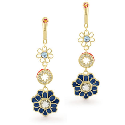 Pair of Daisy Dreams Earrings by Lauren G Adams, gold drop with blue petals and crystals on Tampa Home & Garden Store