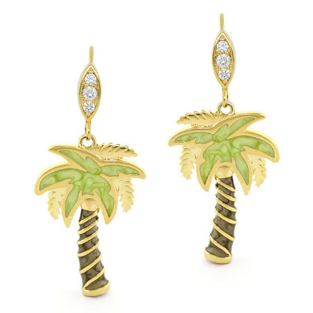 Eau Palm Tree Earrings by Lauren G Adams, gold palm with green enamel leaves, pair on Tampa Home & Garden Store