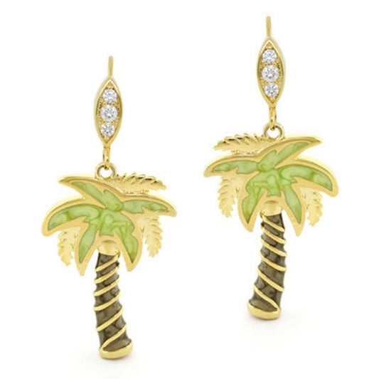 Eau Palm Tree Earrings by Lauren G Adams, gold palm with green enamel leaves, pair on Tampa Home & Garden Store