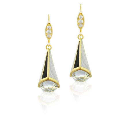 Triplet Earrings by Lauren G Adams, gold-tone drops with black enamel panels and crystal on Tampa Home & Garden Store