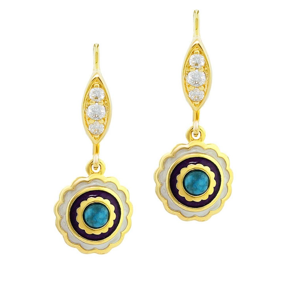 Lucky Hamsa Earrings Lauren G Adams, gold drop with turquoise and purple enamel ring pair on Tampa Home & Garden Store