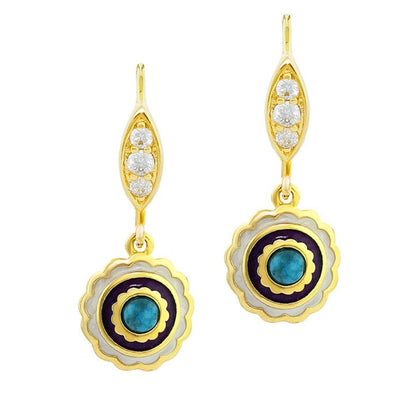 Lucky Hamsa Earrings Lauren G Adams, gold drop with turquoise and purple enamel ring pair on Tampa Home & Garden Store