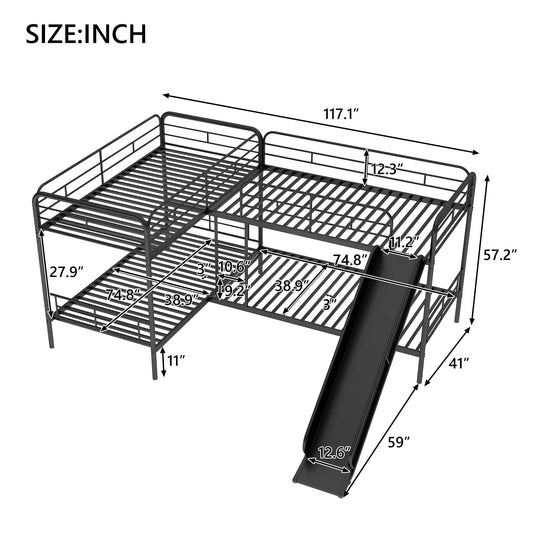 Twin size L-shaped bunk bed with slide and ladder in black metal on Tampa Home & Garden Store