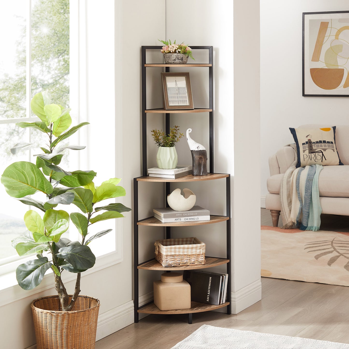 6-story corner open bookshelf modern bookshelf wooden frame independent bookshelf unit, country brown - Tampa Home & Garden Store