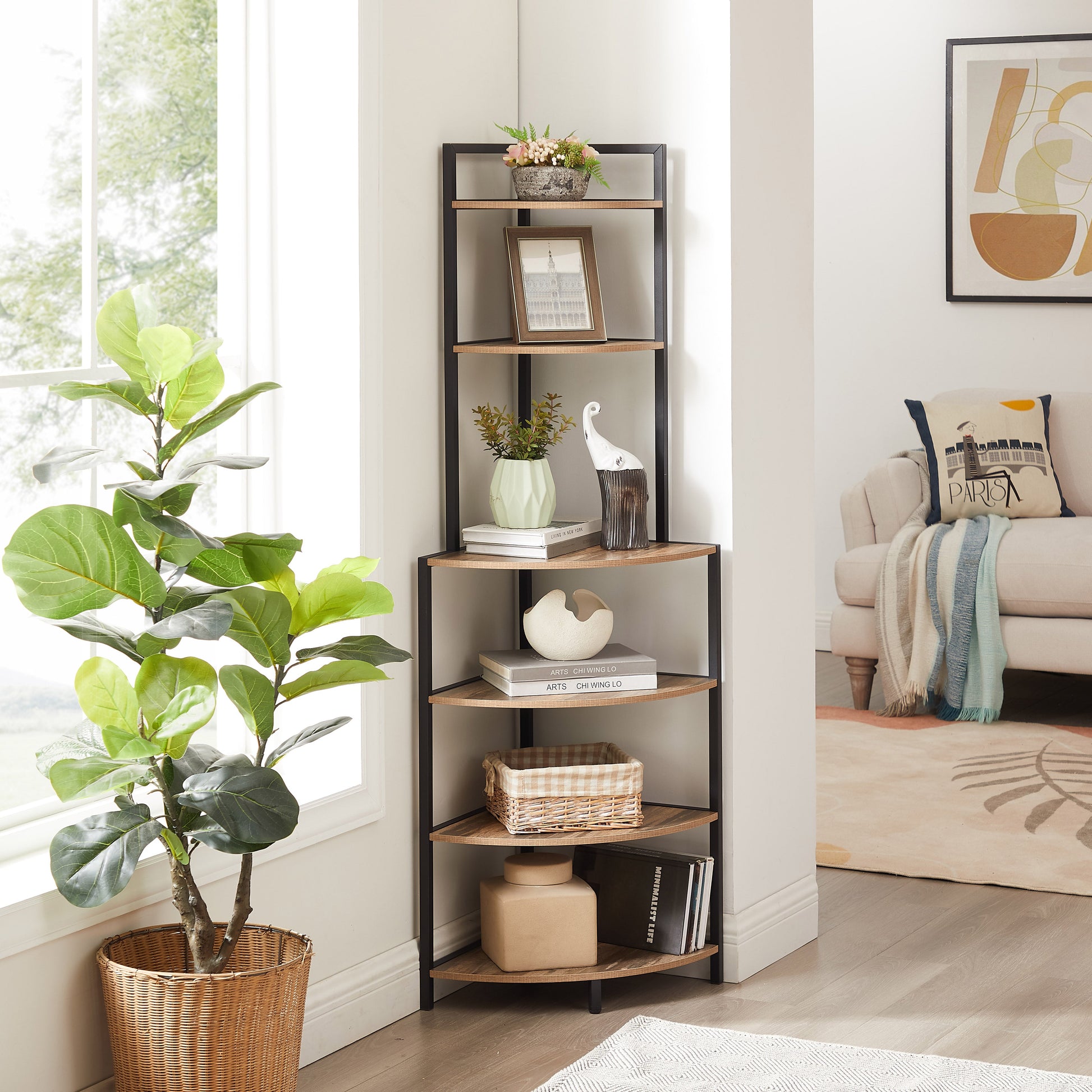 6-story corner open bookshelf modern bookshelf wooden frame independent bookshelf unit, country brown - Tampa Home & Garden Store